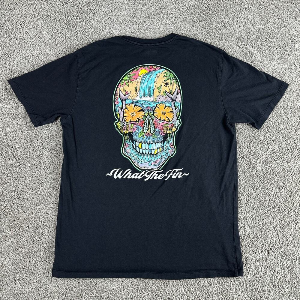 What The Fin Shirt Mens Large Black Blue Tropical Skull Waterfall Short Sleeve